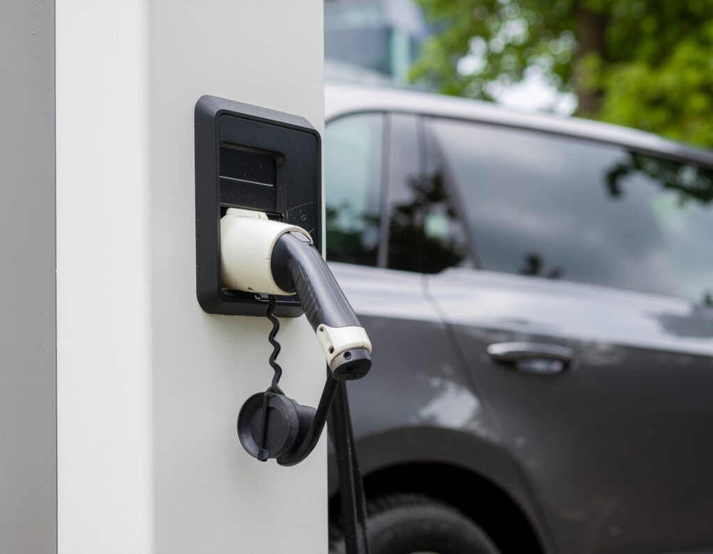 An electric vehicle parked next to a charging station being installed as part of a Commercial EV Charging Station Installation, highlighting safe, efficient, and code-compliant infrastructure for businesses.